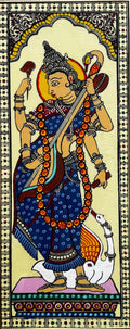 Goddess Saraswati with Veena - Pattachitra Painting by a National Awardee (Unframed)