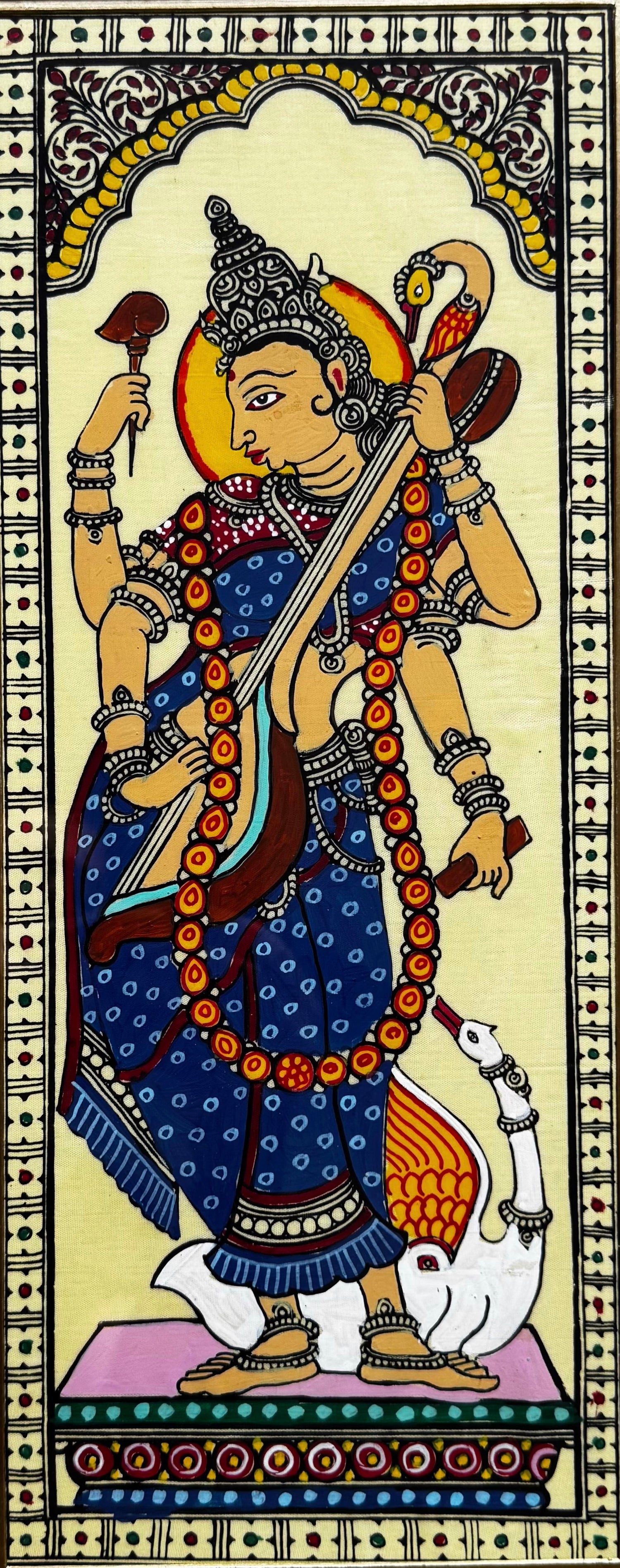 Goddess Saraswati with Veena - Pattachitra Painting by a National Awardee (Unframed)