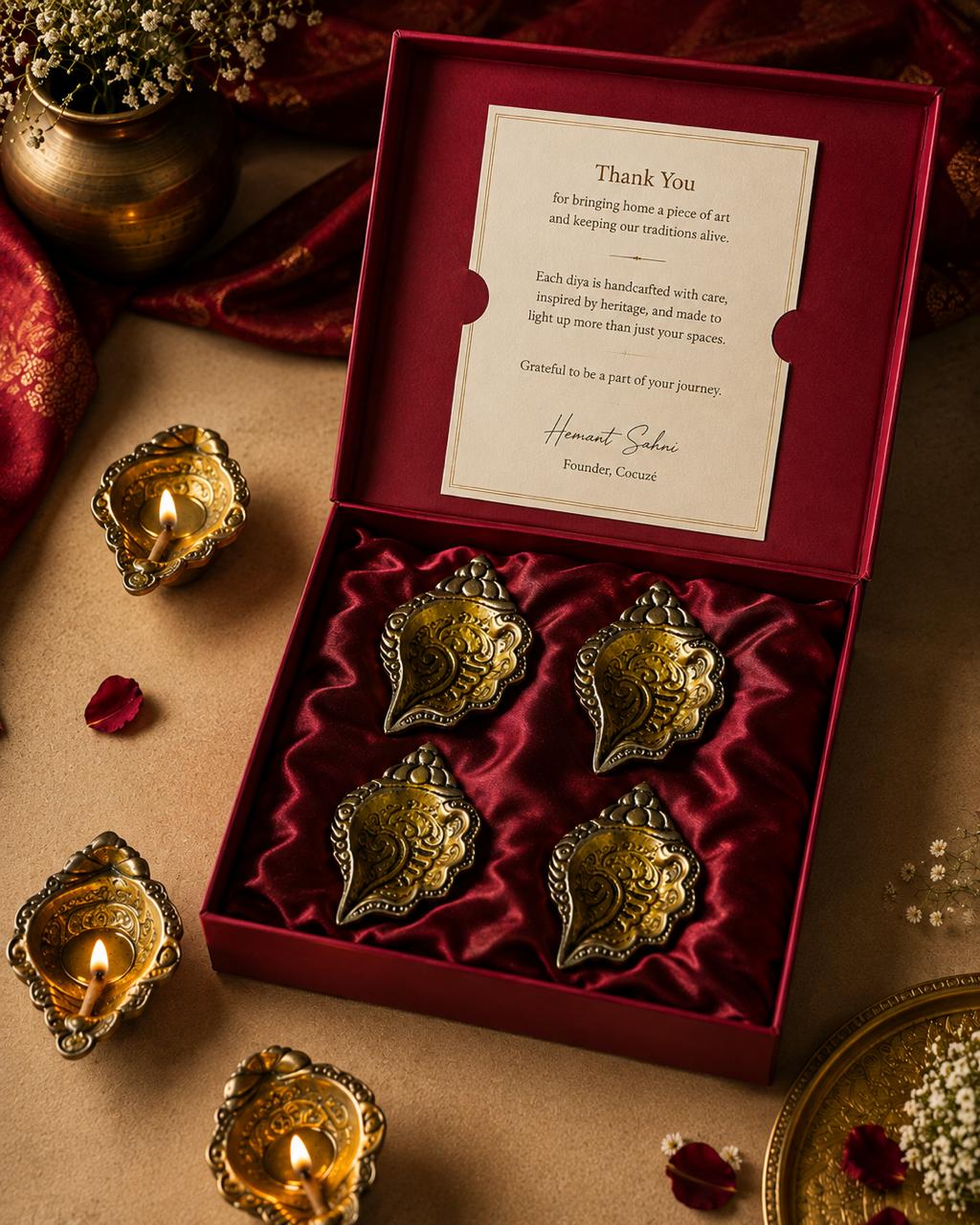 Heirloom Carved Brass Shankh Diya Set | Arrives in Gift Box