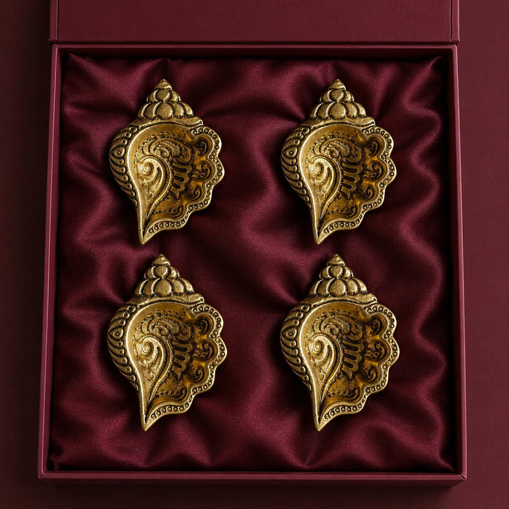 Heirloom Carved Brass Shankh Diya Set | Arrives in Gift Box